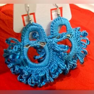 Hand Crafted Turquoise Blue Crochet Beaded Hoop Earrings